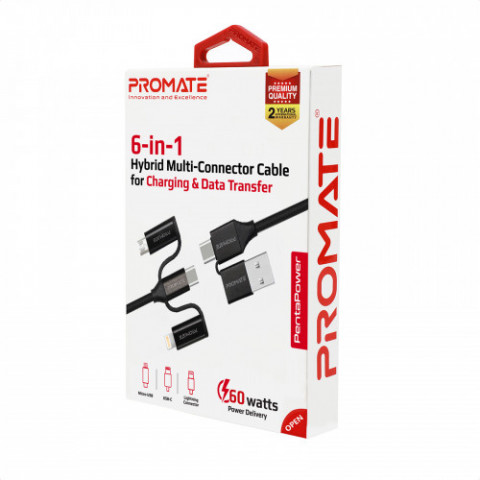 Кабель Promate PentaPower USB + USB Type-C - Lightning + micro USB + USB Type-C (M/M), 3 A, 60 W, 1.2 м, Black