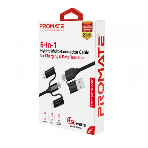 Кабель Promate USB + USB Type-C - Lightning + micro USB + USB Type-C (M/M), 3 A, 60 W, 1.2 м, PentaPower Black (pentapower.black)