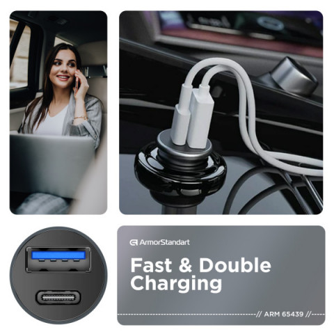 Автомобільний зарядний пристрій ArmorStandart USB Type-C PD20W + USB QC 3.0 Grey (ARM65439)