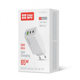 Мережевий зарядний пристрій ColorWay GaN Mini 65W PD Port PPS USB (USB-2C1A) White (CW-CHS058PD-WT)