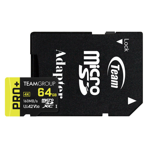 Карта пам`ятi MicroSDXC 64GB UHS-I/U3 Class 10 Team Pro+ R160/W55MB/s + SD-адаптер (TPPMSDX64GIA2V3003)