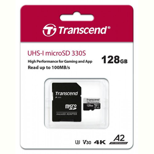 Карта пам`ятi MicroSDXC 128GB UHS-I/U3 Class 10 Transcend 330S R100/W85MB/s + SD-адаптер (TS128GUSD330S)