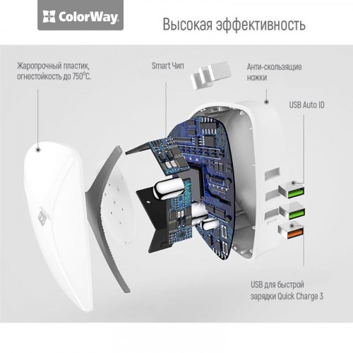 Мережевий зарядний пристрій ColorWay (1USBx3A, 5USBx2.4A) QC3.0 White (CW-CHS06QW)