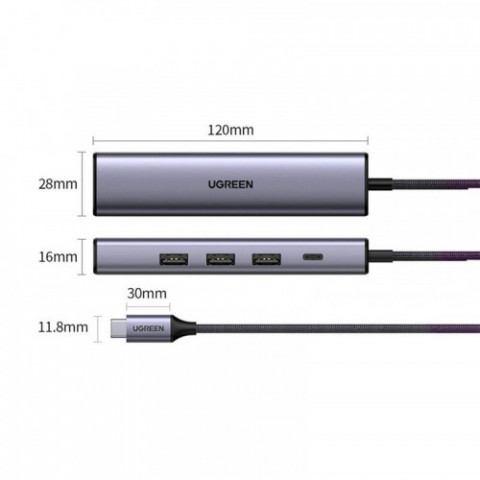 Концентратор USB Type-C Ugreen CM475 3xUSB 3.0 + RJ45 1000M Ethernet, Gray (20932)